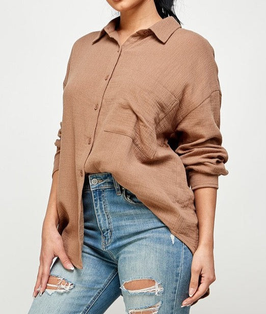 Loose Fit Cotton Crinkled Gauze Button Down Shirt in Mocha
