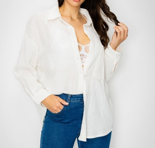 Loose Fit Cotton Crinkled Gauze Button Down Shirt in White